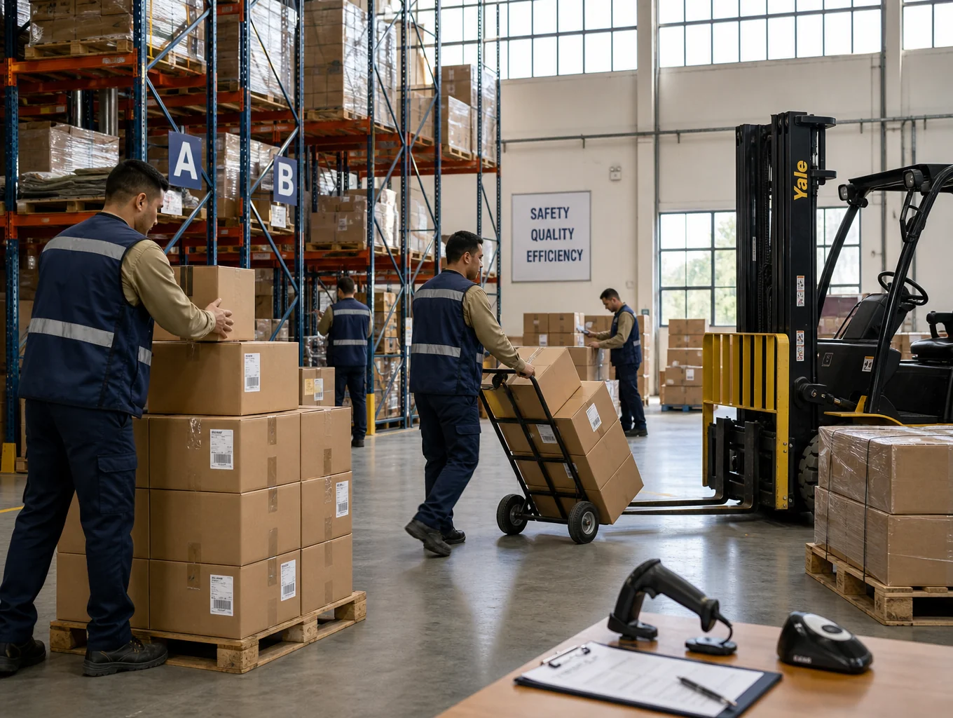 High-bay storage racks and international freight shipping warehouse